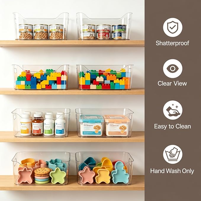 Hudgan 8 Pack Clear Pantry Organizer Bins for Kitchen, Clear Plastic Storage Bins for Bathroom, Pantry Organizer Containers for Home Edit, Drawer, Under Sink, Fridge