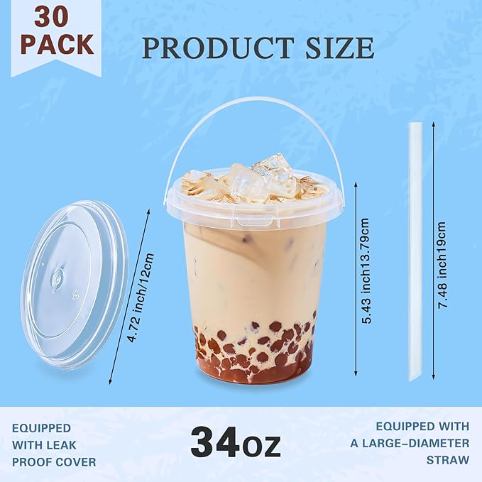 30 Pack 34oz Plastic Cups with Lids and Straws, Disposable Coffee Cups with Lids, Sturdy & Food Safe To Go Cups for Cold & Hot Drinks/Smoothies, Fruit Drinks Cups for Summer Beverages, Bar/Beach Party