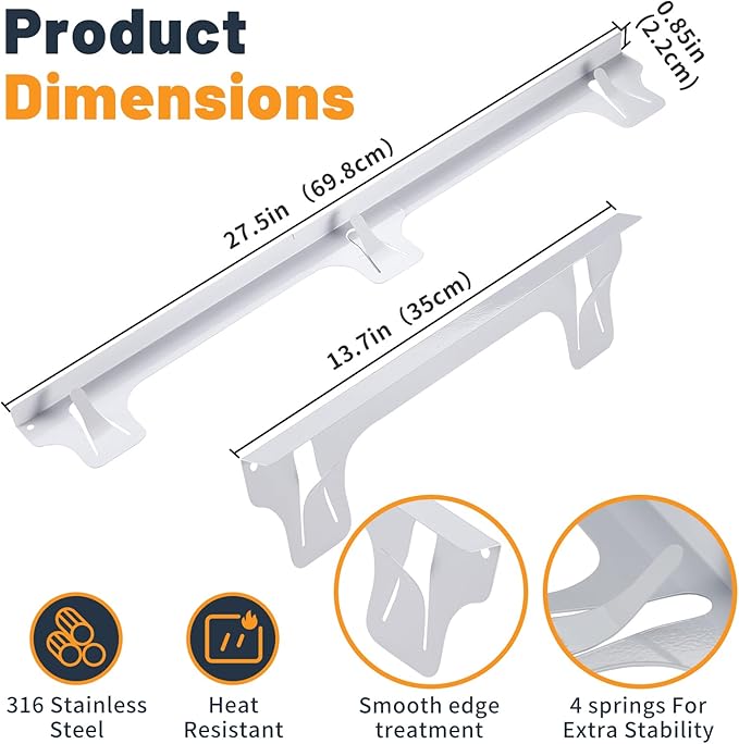 Stove Gap Covers Stainless Steel, Adjustable 13.8-27.5 In(2 Pack), Heat Resistant, Gas Stove Side Gap Protector (White)