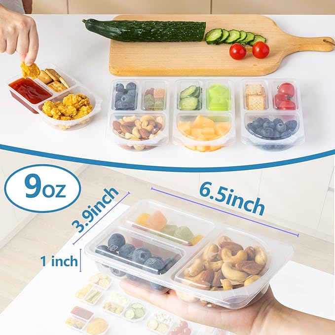 TAIHUIMY 9oz Reusable Snack Containers with Lids for Kid, New 3 Compartment Large Capacity Condiment Portion Control Meal Prep Containers for School lunch, Go out Travel, Party (20, 9, ounces)