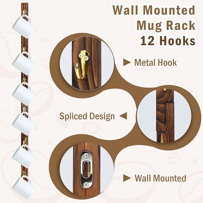 2 Pack Coffee Mug Wall Rack with 12 Hooks Burnt Wood Wall Mounted Coffee Mug Holder Brown Coffee Cup Organizer Coffee Mug Shelf Hanger Espresso Cup Hanging Rack Tea Cup Display Stand for Bar