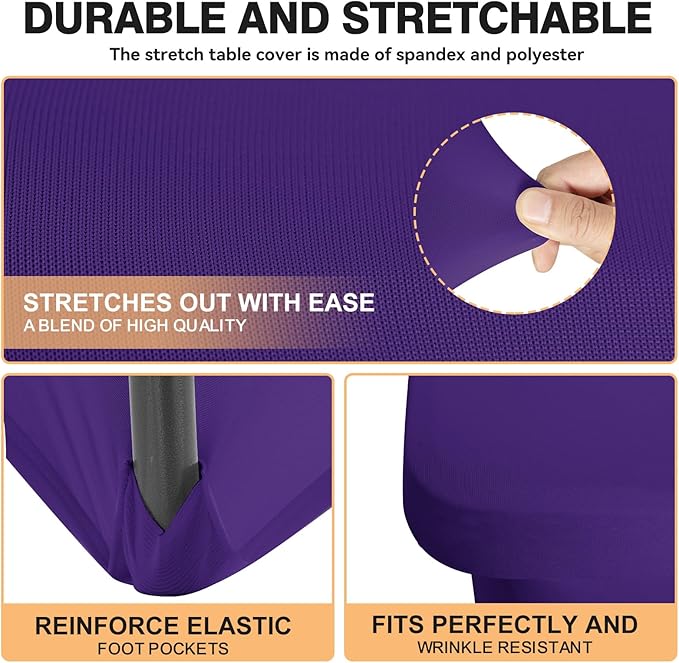 6 Pack 6 Feet Purple Spandex Tablecloth for Rectangular Tables, Fitted & Stretch, Washable, Wrinkle Resistant, Perfect for Event, Wedding, Party, Banquet, Cocktail, Festival, and Table Protector