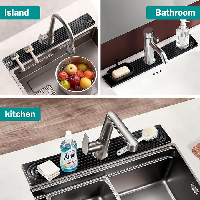 PEKER Teak Wood Faucet Mat for Kitchen Sink 23.6" – Natural Teak Sink Splash Guard Tray, Water-Resistant Wooden Sink Drip Catcher & Organizer for Kitchen & Bathroom Counter