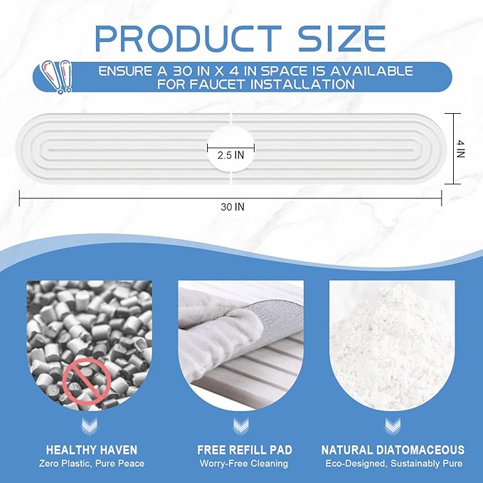 Stone Faucet Mat for Kitchen Sink, Water Absorbent Fast Drying Stone Tray for Sink , Quick Dry Diatomite Splash Guard for Bathroom Counter to Prevent Moisture Buildup, 30" x 4", White