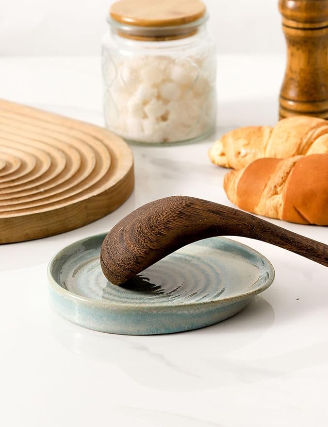 Ceramic Spoon Rest for Stove Top, Spoon Holder for Kitchen Counter, Farmhouse Cooking Utensil Holder for Spoons, Ladles, Spatula, Lake Blue