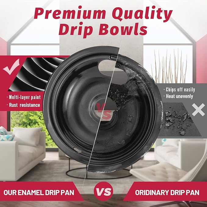 GE Black Stove Drip Pans, 10% Energy Save by Enamel Spraying Prevent Bending and Rust - Include 2 6'' Burner Drip Pans and 2 8'' Drip Bowl
