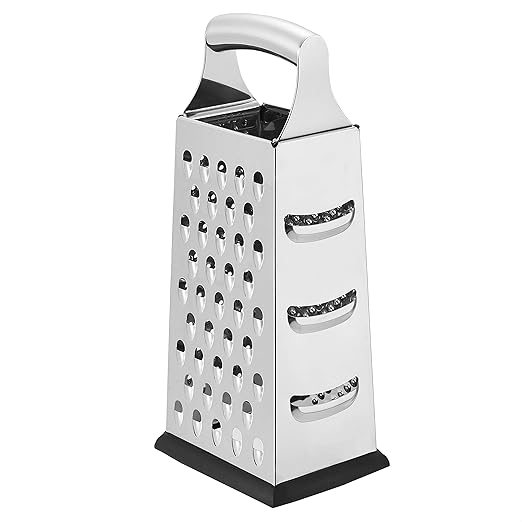 Amazon Basics Rectangular 4-Sided Box Cheese Grater and Shredder, Stainless Steel, Handheld, for Vegetables, Zester, Non-Slip Base, Dishwasher-Safe, 9 inch, Black