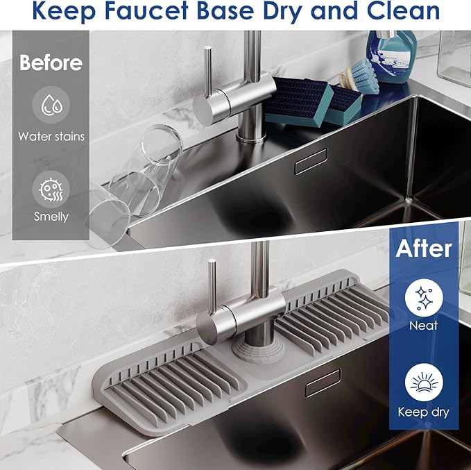 17.7 Inch Silicone Faucet Mat for Kitchen Sink Splash Guard - 7° Slope Upgraded Water Draining Mat with Fasten Button for Bathroom Area (Gray, 17.7''x5.5'')