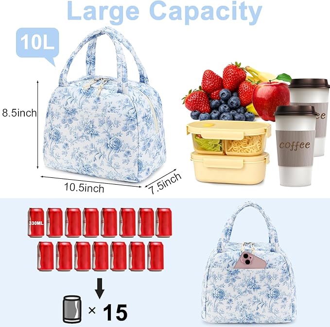 Bluboon Lunch Box for Women Men Cute Lunch Bag Reusable Insulated Lunch Bags Large Capacity Lunchbox Cooler for Work Picnic or Travel Gifts for Women (Blue Foral)