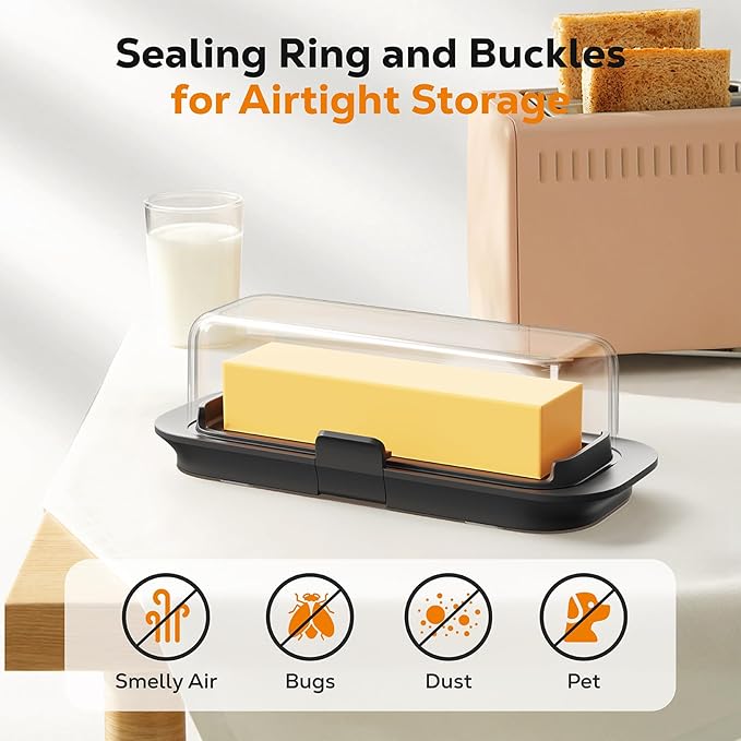 Butter Dish with Lid for Countertop and Refrigerator Door Shelf, Airtight Butter Keeper Container, Locking Butter Holder for East/West Coast Butter, BPA-free, Microwave/Dishwasher Safe