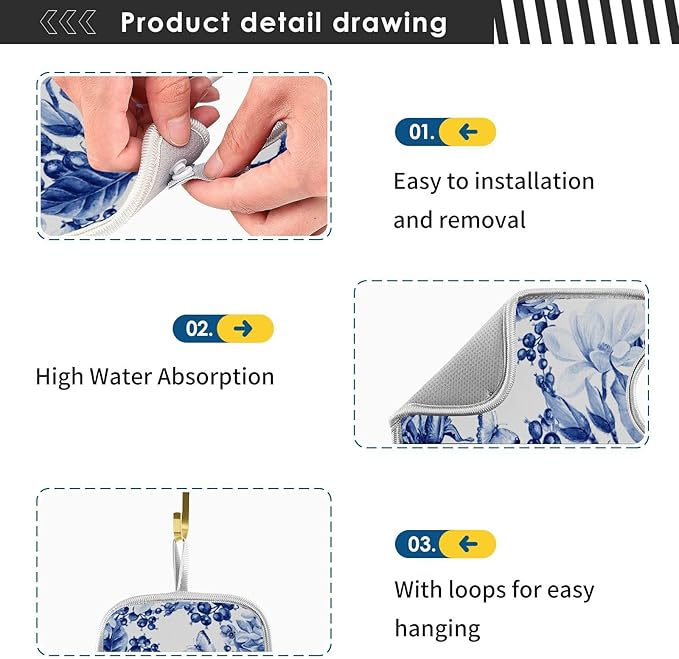 Sink Mat for Faucet Sink Splash Guard Faucet Handle Drip Catcher for Kitchen Bathroom Absorbent Microfiber Dish Drying Mat Blue and White 2pcs