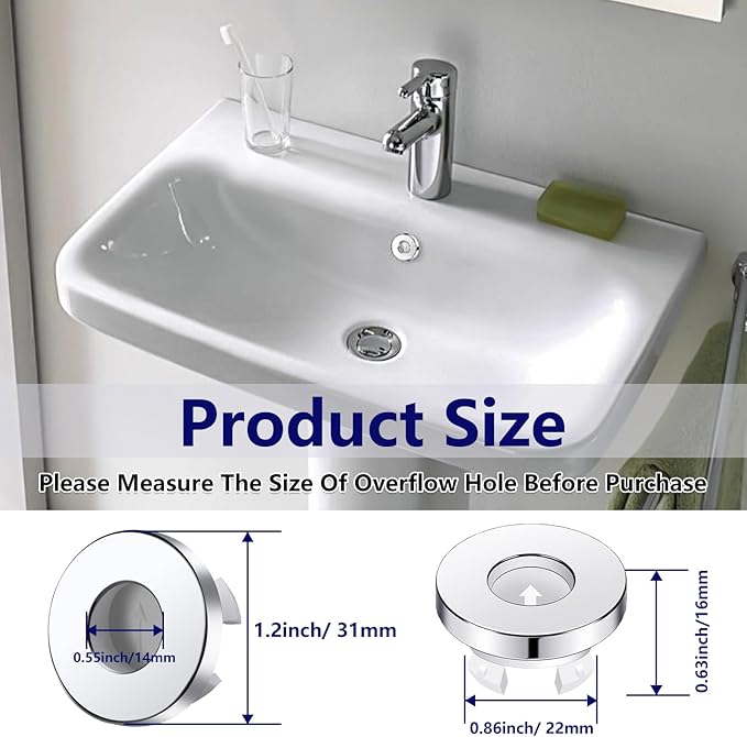 Sink Overflow Drain Cover Ring - Metal Bathroom Sink Drain Cover Round Hole Trim Ring, Anti-odor Basin Vanity Overflow Hole Cap Cover Ring Spillover Hole Insert in Cap (Chrome)