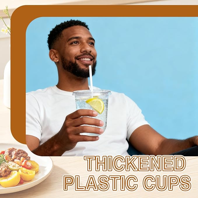 Alaeseje 50 Pack Clear Plastic Cups with Lids and Straws,12 oz Disposable Iced Coffee Cups,PET Crystal Cups,Round Bottom To Go Cup for Iced Coffee Juice Smoothie Cold Beverage