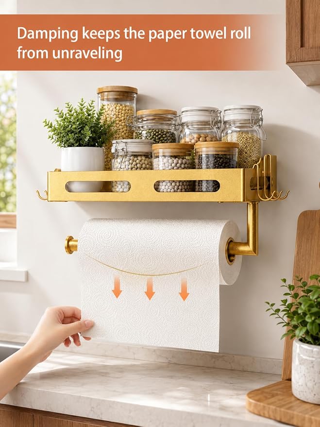 Paper Towel Holder Wall Mount with Shelf, Easy One Hand Tear, Adhesive Glue or Drill Mount Hanging Paper Towel Holder with Shelf for Kitchen/Bathroom/RV, Golden Metal, 4 Hooks