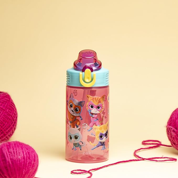Zak Designs Disney SuperKitties Sage Kids Water Bottle For School or Travel, 16oz Durable Plastic Water Bottle With Straw, Handle, and Leak-Proof, Pop-Up Spout Cover (Ginny, Sparks, Buddy, Bitsy)