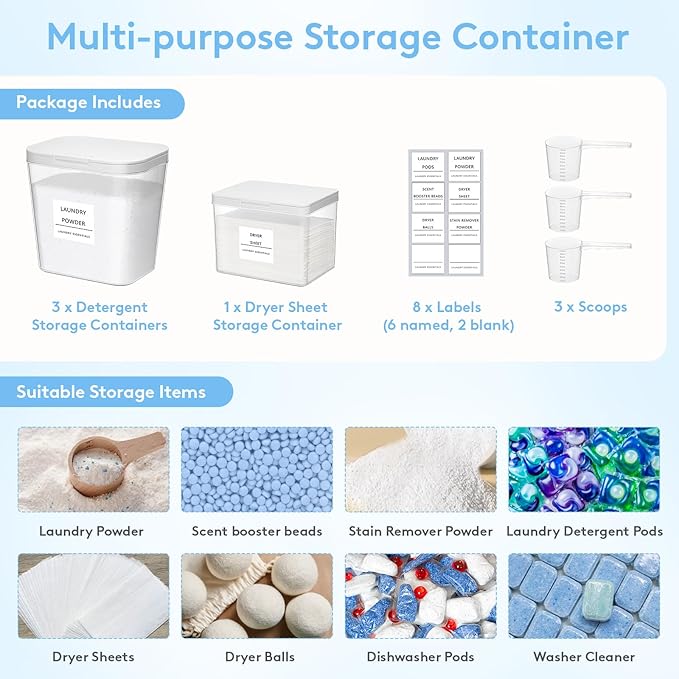 Lifewit Laundry Pods Container with Pop-up Lid, Coffee Pod K Cup Storage, Laundry Room Organization, Dryer Sheet Holder for Washing Powder Detergent, 2700 +2000ml/0.72+0.5gal, 4PCS