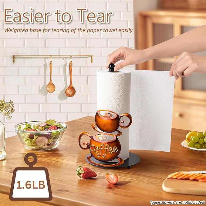 Standing Paper Towel Roll Holder Countertop for Coffee Lovers Women Men, Farmhouse Kitchen Decor and Accessories, Coffee Table Decor for Kitchen Home, 3D Hand-Painting Pattern, Metal