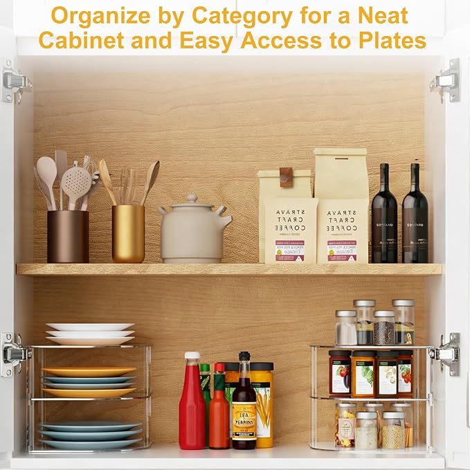 2 Pack Acrylic Plate Organizer for Cabinet, Corner Kitchen Cabinet Countertop Dish Organizer Shelf Kitchen Plate Rack Holder for Plates, Dishes, Bowls