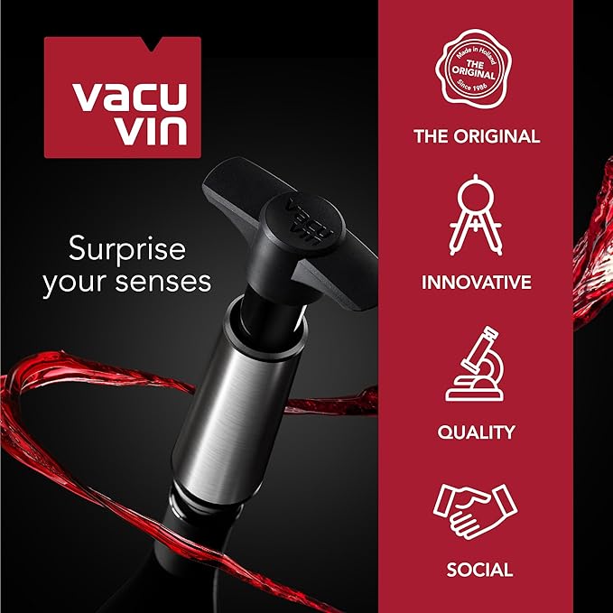 Vacu Vin Wine Saver Vacuum Stoppers – Airtight Seal for Opened Wine Bottles – Preserves Wine Freshness Up to 10 Days – Food Grade Rubber – Easy to Use Perfect for Every Occasion – Set of 2 – Gray
