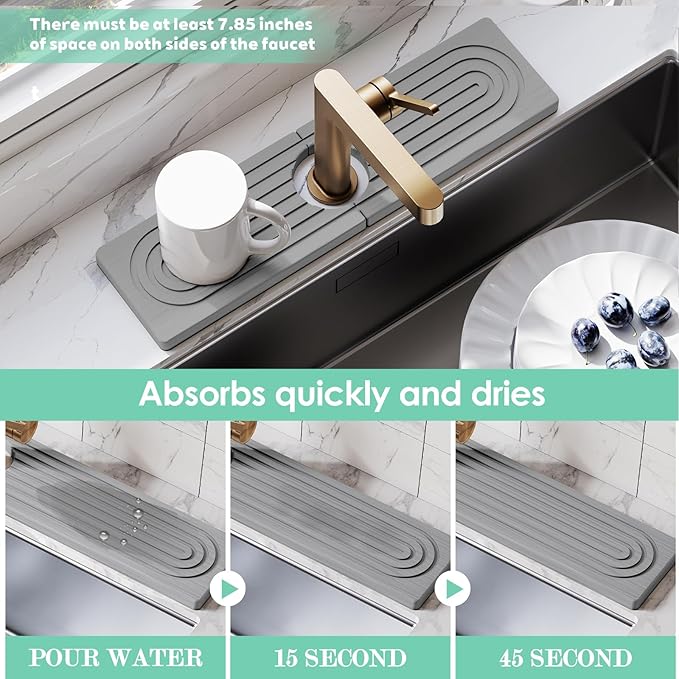 15.7 Inch Long Stone Faucet Mat for Kitchen Sink-Diatomite Quick Dry Kitchen Sink Splash Guard,Super Absorbent, Stone Quick Dry Around Faucet (Light Grey)