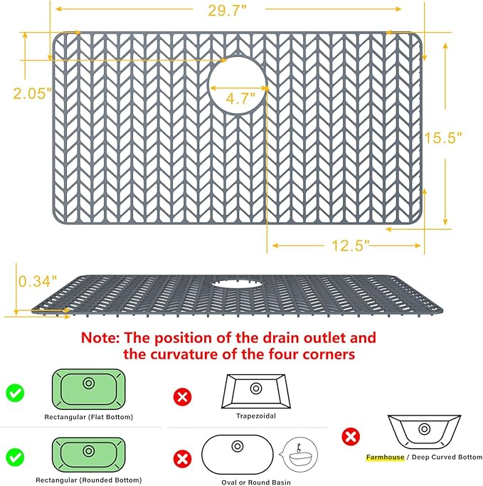 Sink Protectors for Kitchen Sink 12" 13" 16" 18" 19" 24" 26" 28" 29" 30" Silicone Kitchen Sink mats Protector for Bottom of Farmhouse Sink(29.7"x15.5" Rear)