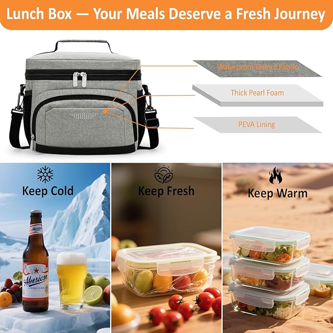 Vankor Large Insulated Lunch Bag for Men Women kids, Reusable Lunch Box kids Leakproof with Adjustable Shoulder Strap for Work Teacher School Picnic Beach Travel, Cationic Light Grey