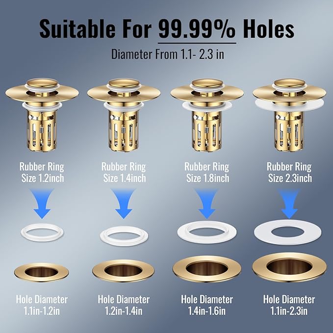 (2 Pc) Bathroom Sink Stopper-All Metal Sink Stopper-Universal Fit 99% Bathroom Stopper with Removable Stainless Steel Hair Catcher- Basin (1.1'' to 2.36'' inch) - Golden