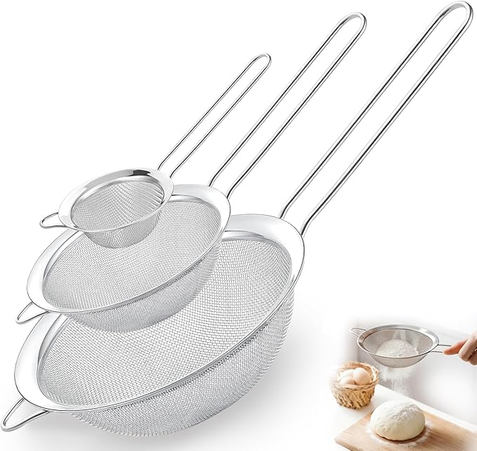 Fine Mesh Strainer Set of 3, Stainless Steel Sieve Sifters with handle, Small Medium Large Size, Kitchen Strainers Colander Set for Sifting, Straining & Cooking