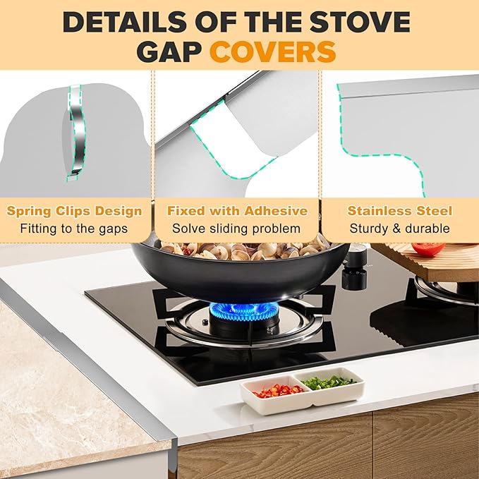 Stove Gap Covers - 304 Stainless Steel Oven Side Gap Filler, 2 Pack Stove Gap Filler Retractable Length 13.8" to 27.5", Spring Clip Design Fitting Gap Strong Guard Between Stove Top & Counter - Silver