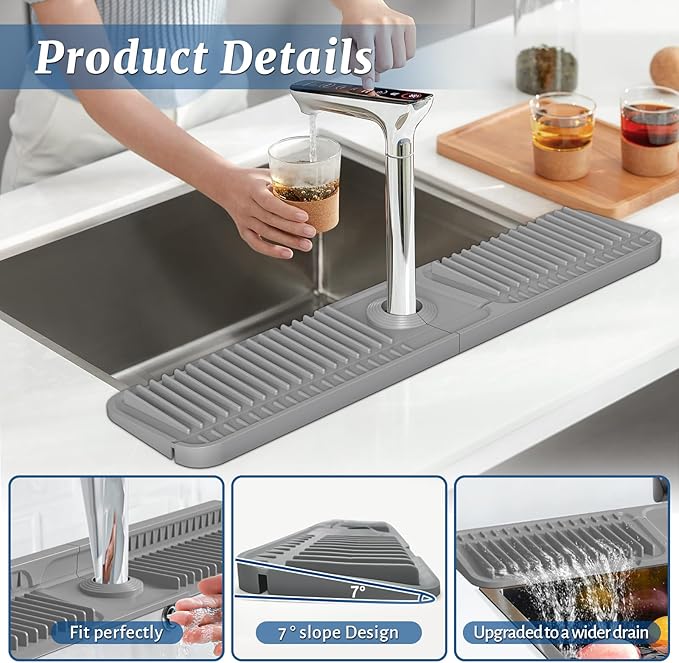 PoYang 24 inch Faucet Mat for Kitchen Sink Splash Guard, 7° Slope Silicone Sink Water Splash Guard for Kitchen Sink Area with Snap Button, Longer Sink Protectors for kitchen Sink Sponge Holder, Grey