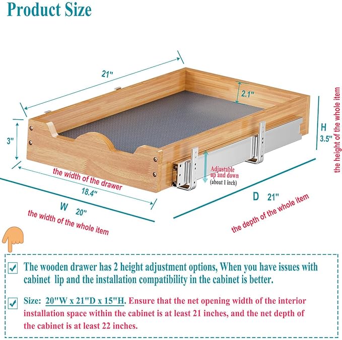 OCG Pull Out Cabinet Organizer 20"W x 21"D, Slide Out Wood Drawer Shelf, Pull Out Shelves for Base Cabinet Organization in Kitchen, Pantry, Bathroom