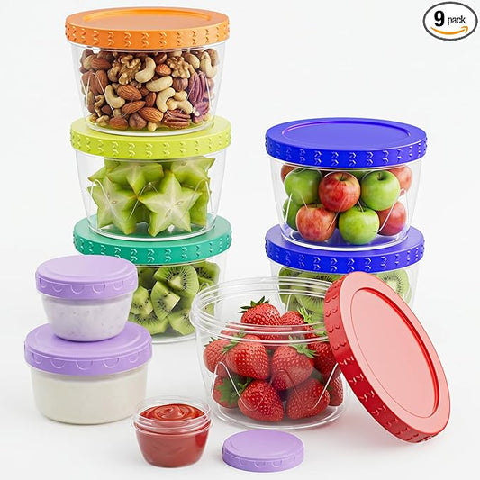 9 Pack- 17/10/5/2.7oz Reusable Freezer Storage Containers, Airtight Plastic Food Sauce Salad Dressing Storage Containers with Twist Top Lids, BPA Free, Stackable, Leakproof, Microwave/Dishwasher Safe
