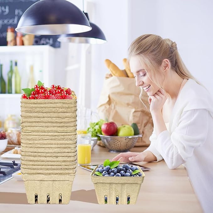 60 Pack Natural Pulp Fiber Berry Basket，Small Molded Produce Vented Basket Kitchen Supplies for Strawberry Blueberry Raspberry, Fruit Tray for Fruit Vegetable Farmer Market Grocery (60 Pack)
