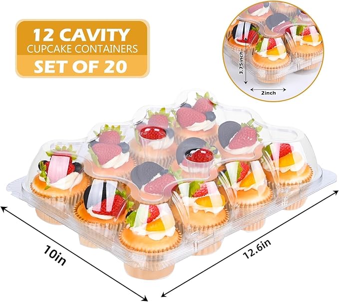 Plastic Cupcake Containers 12 Count (20 Sets), Stackable Cupcake Boxes Holders with Tall Dome Lid, Disposable Cupcake Carrier Trays Include 240 Cupcake Liners