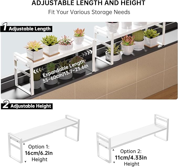 1pc Small Narrow Tall Shelf for Windowsill Kitchen Organizer Stackable Shelves Bathroom Sill Thin Shelves for Narrow Spaces Counter Top Racks (White, L13.8-23.6'' * W5.9'' * H7.5'')
