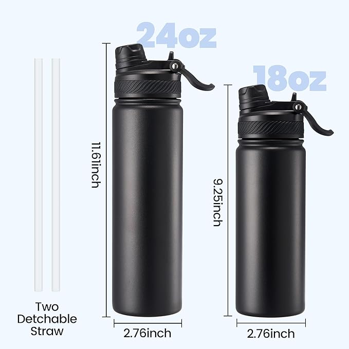Fijinhom 24 oz Insulated Water Bottle, 2-in-1 Straw and Spout Lid Stainless Steel Thermos, Leak-Proof, Double Wall Vacuum Flask, Keep Cold 24H for Outdoor, Sports, Travel, School (Black)