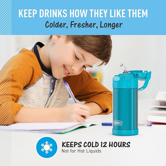 THERMOS FUNTAINER Water Bottle with Straw - 12 Ounce - Kids Stainless Steel Vacuum Insulated Water Bottle with Lid, Teal