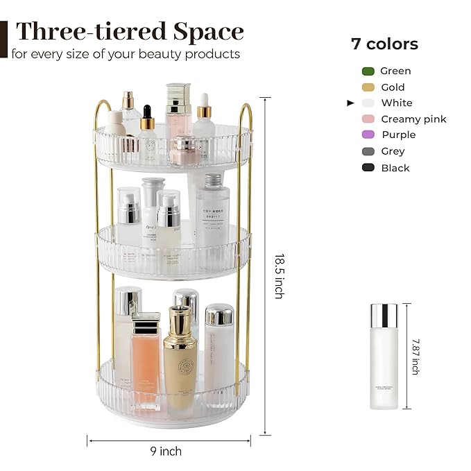 Aveniee Crystal Three-Layer 360° Rotating Cosmetic Stand, Premium Solid Metal Pole Sturdy Construction, Translucent Revolving Beauty Storage Unit for Vanity, Sink or Bathroom Shelf, White