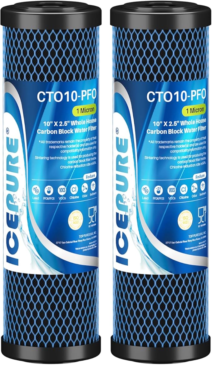 ICEPURE 1 Micron 10" x 2.5" Whole House PFOA/PFOS Carbon Water Filter Cartridge Replacement for DuPont WFPFC8002, WFPFC9001, SCWH-5, WHCF-WHWC, FXWTC, CBC-10, RO Unit, Pack of 2