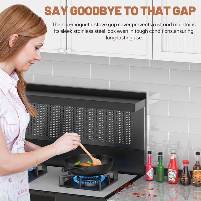 Stove Gap Covers 316 Stainless Steel,2 Pack 23.2" Fixed Stove Gap Filler,Heat Resistant Stove Gap Guards,Between Stove and Counter Slide In Range Trim Kit for Kitchen,Upgrade Shiny Black