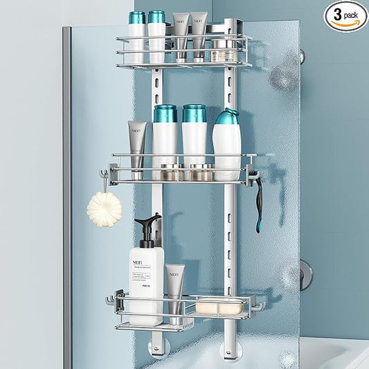Nieifi Over the Door Shower Caddy, Stainless Steel Rustproof, Adjustable Hanging Shower Organizer, Anodized Aluminum, Silver