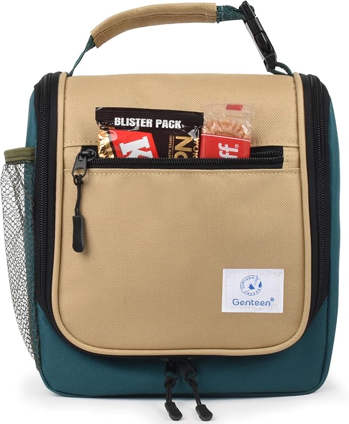 Genteen Kids Lunch Box, Insulated Lunch Bag for Kids, Toddler, Girl, and Boy; Holds Lunch Box, Water Bottle, & Snacks; Easy-Clean Water-Resistant Fabric & Multiple Zippered Pockets (Green Kakii)
