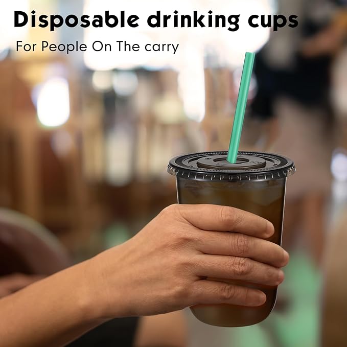 Baderke 25 Set Plastic Cups with Lids and Straws, Disposable Plastic Iced Coffee Cup for Cold Beverage Juice Smoothie Crystal for Coffee Shops Party Catering(Black,16 oz)