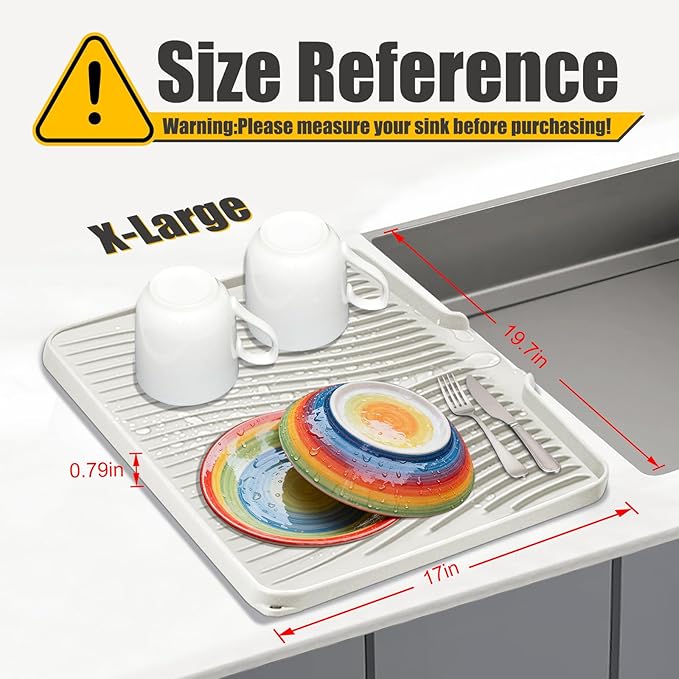 Silicone Dish Drying Mat, Stone Drying Mat for Kitchen Counter with Built-In Drain, Non-Slip Drain Pad with Built-in Drain, Heat Resistant Stone Drying Mat, 1Pcs 20" x 15", Cream