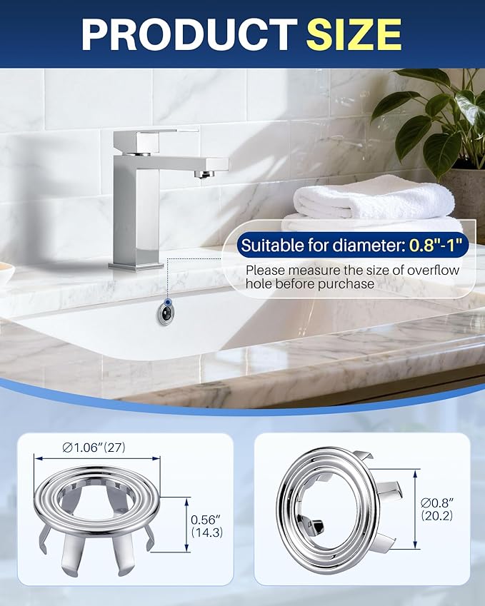 Sink Overflow Ring Chrome: 2 Pack Solid Brass Bathroom Sink Overflow Trim Cover, Hole Insert Caps Replacement for Bathroom Kitchen Vanity Basin