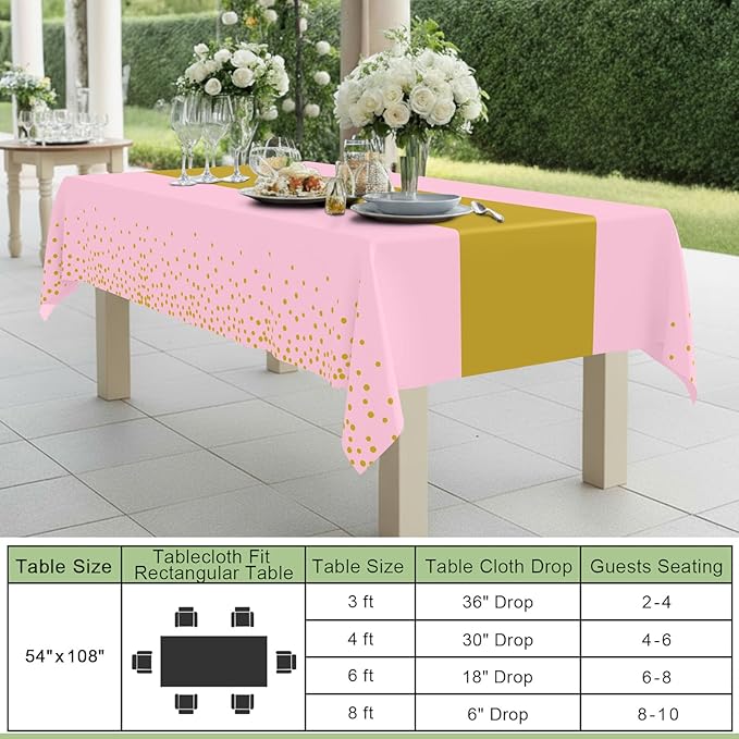 Smiry Plastic Table Cloth Disposable 3 Pack, 54 x 108 Inch Rectangle Waterproof Tablecloth, Printed Gold Table Runner Style for Birthday Weeding, Party Decorations, Leakproof & Sturdy, Pink and Gold