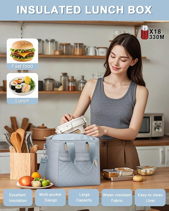 Insulated Lunch Box for Women & Men - Large Thermal Lunch Bag Women with Removable Shoulder Strap, Reusable Lunch Cooler Tote Bags Purse for Adults Work, Picnic, Hiking, Beach, Travel, Medium，Blue