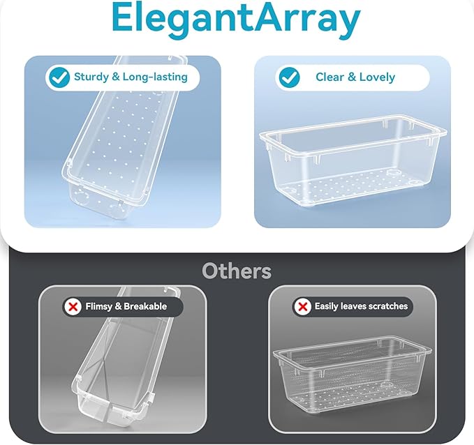 12 PCS Drawer Organizer Set, 4 Sizes Tool Storage Trays, Clear Plastic Makeup Vanity Organizer and Storage Bins for Makeup, Stationeries, Multiple Gadgets for Bathroom, Office, Bedroom