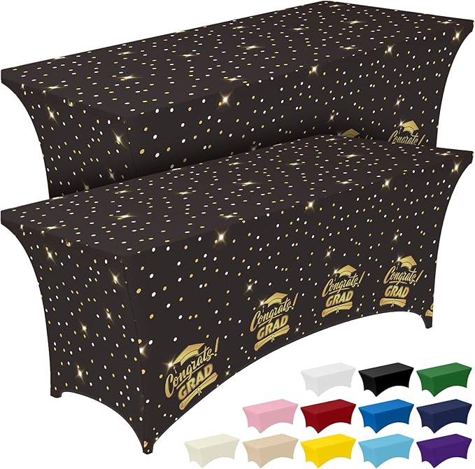 Pureegg Graduation Decorations 2026 Spandex Tablecloth 6ft - 2 Pack, Class of 2026 Black Fitted Stretch Rectangle Table Cover, Wrinkle-Free Tight Tablecloth for Graduation Party, Banquet