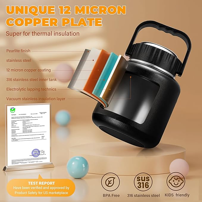 Soup Thermo for Hot Food, 16.9 oz Vacuum Insulated Food Jar with 316 Stainless Steel Interior, Spoon, Bowl Lid & Non-Slip Base for School Office